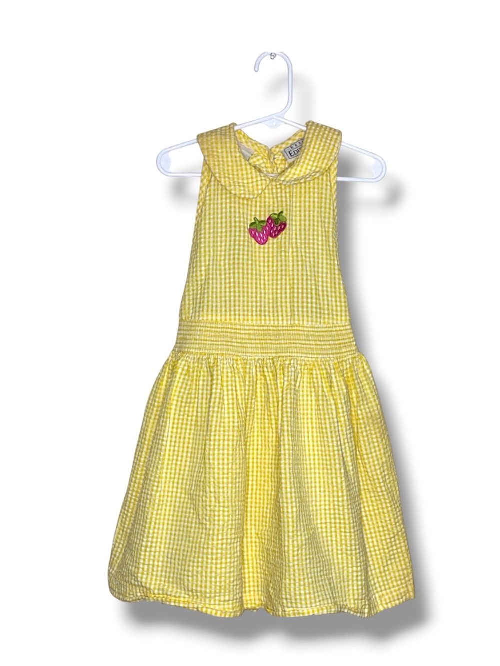 Basic Editions Vintage Yellow Gingham seersucker Strawberry Applique Sundress